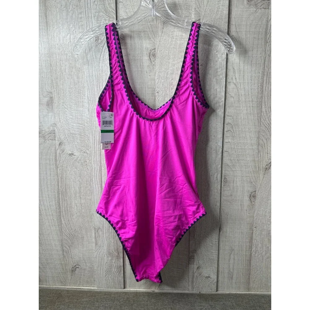 Lucky Brand Womens Pink Black Lace Trim One-Piece Swimsuit Large Nylon Blend - Picture 2 of 5